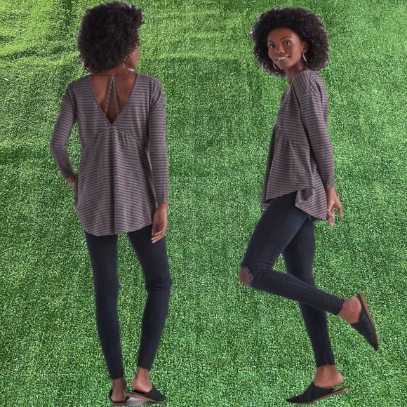Lucky Brand Relaxed Swing Flowy Striped Gray Linen Boho Top Blouse Size XS NEW - Picture 1 of 16
